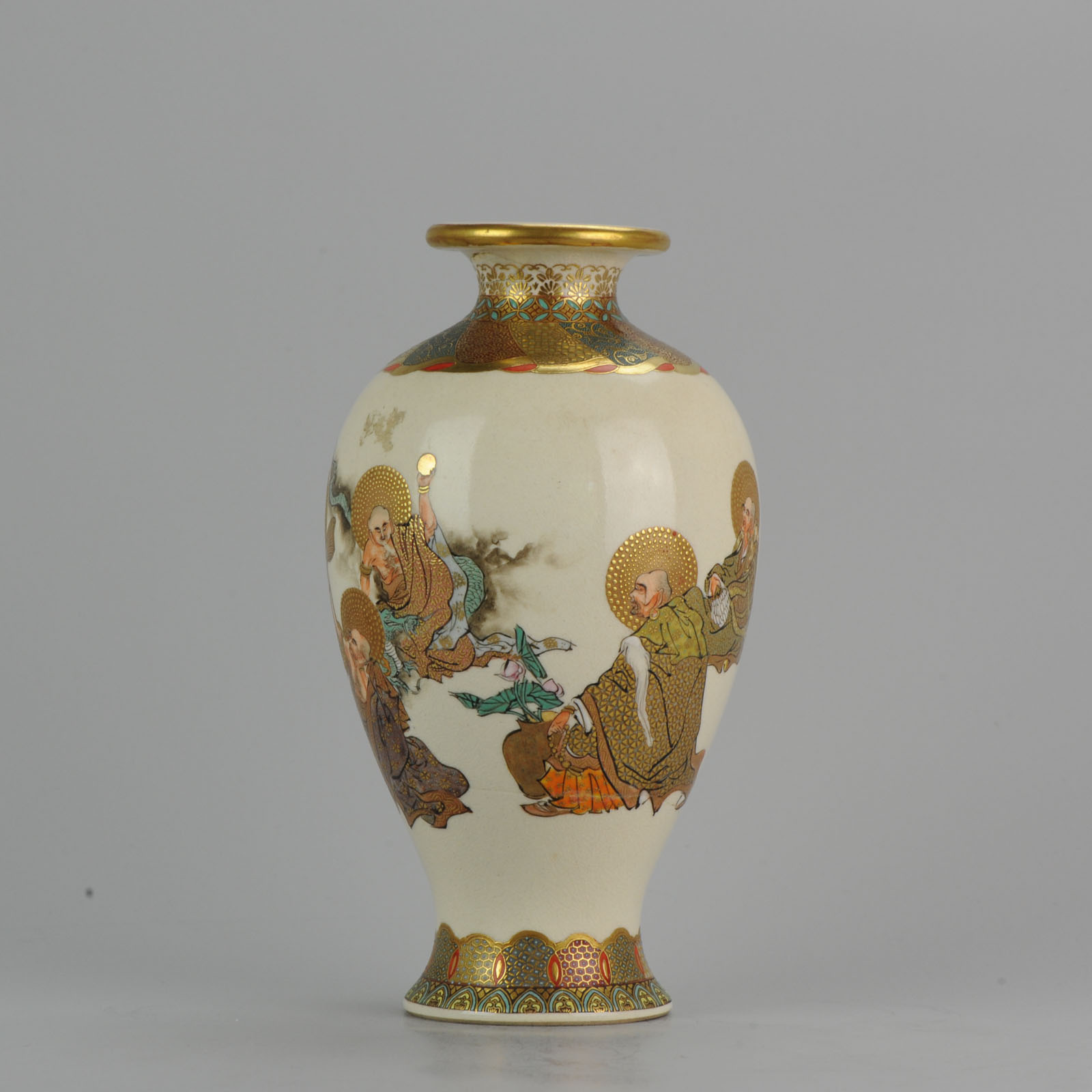 Antique Meiji 19th c Japanese Satsuma Vase wise man Figures Marked 
