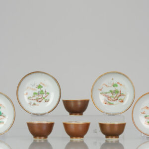 SET 18C Chinese Porcelain Batavian Cafe au Lait Landscape Tea Cup Qing Antique
