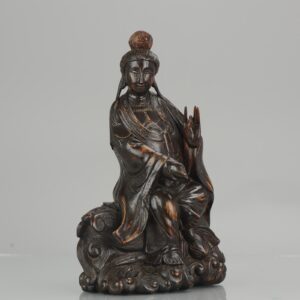 Ca 1900 Fine Chinese Carved Wood Statue of a Guanyin Sitting on Clouds