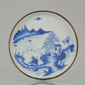 Antique Chinese Porcelain 19th C Bleu de Hue Plate Boy and ox Vietnamese market