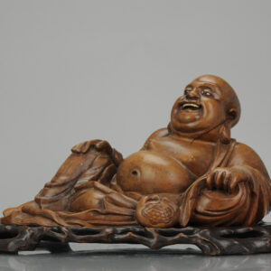 Large Ca 1900 Fine Chinese Carved Wood Statue of a Laughing Buddha