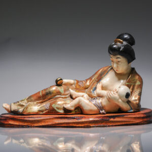 Antique 20th c Taisho Japanese Kyo Satsuma Statue of Mother and Child Marked