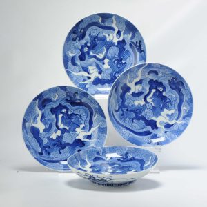Antique set of 4 19C Japanese Arita Nabeshima Style Blue and White Dragon dish