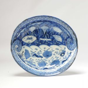 Antique 18/19th C Edo Period Japanese Arita Sea Bottom Bowl Blue White Seafood dish