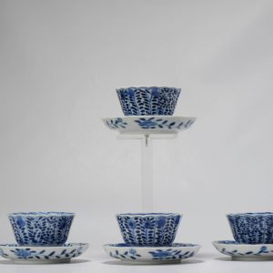 Set of 4 Antique 19th C Kangxi Revival Porcelain Blue White Chinese Tea Bowls YU