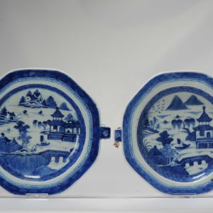 Pair Antique ca 1800 Chinese Porcelain Blue White Jiaqing Hot Water Dishes