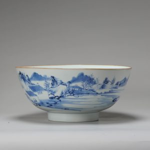 25.8CM Antique 18C Chinese Porcelain Bowl Blue White Landscape Literati Willow Tree