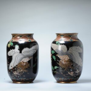 A pair of round cloisonné enamel Vases Meiji era (1868-1912) Bird of Prey Taking Nest