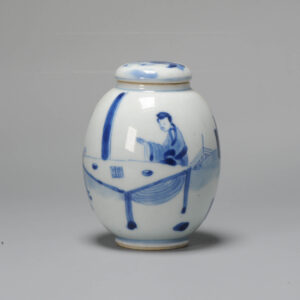 Kangxi period Chinese Porcleain lidded Jar Tea caddy Blue & White Silver Liza GO