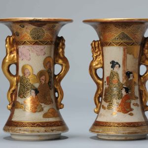 Antique Meiji period Japanese Satsuma Vases dragon handles Japan 19c