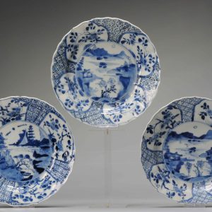 A Set of 3 Kangxi period Chinese Porcelain Landscape Blue white Plates. Top level