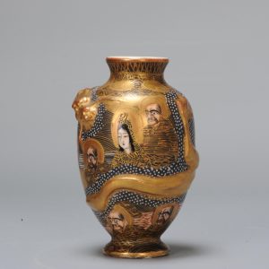 Antique Meiji period Japanese Satsuma vase Arhats Dragon Marked Japan 19C