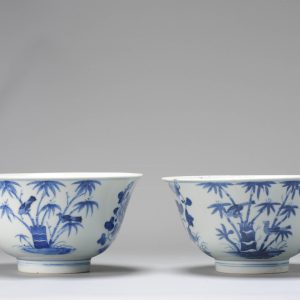 Rare Pair of Chinese Porcleain Kangxi Bowls with Bamboo FLowers and Birds