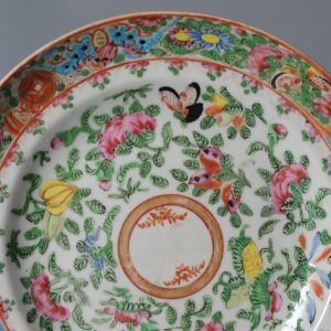 20.4CM Antique 19C Chinese porcelain Cantonese dish Bird Butterfly Flower