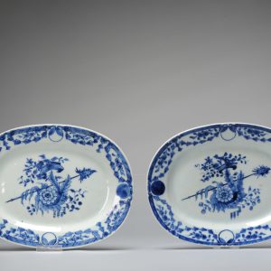 Pair Antique Cobalt Blue Serving Dishes 18th C landscape Chinese porcelain