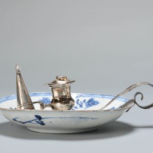 Antique 18C Kangxi Chinese porcelain  Saucer Garden Candle Stick Silver