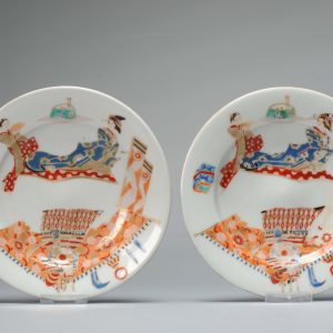 Pair of Lovely 19C Japanese Porcelain Dish with warriors Meiji Period Japan