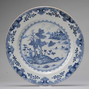 Antique ca 1730-1750 Period Chinese Porcelain Dish Landscape Pagoda