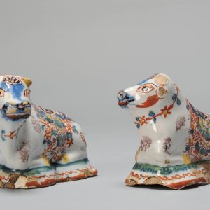 Pair Antique 18th c Miniature Cows Delftware Dutch Pieces Polychrome