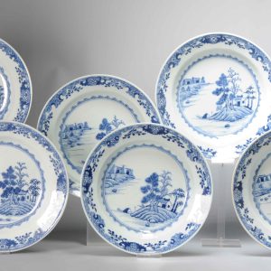 #6 Antique Chinese Porcelain 18th C Qing Period Blue White Set Deep Dinner Plates
