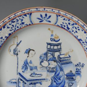 Antique 18C Chinese Porcelain Dish Blue enamel Ladies Lizas Leisure Music