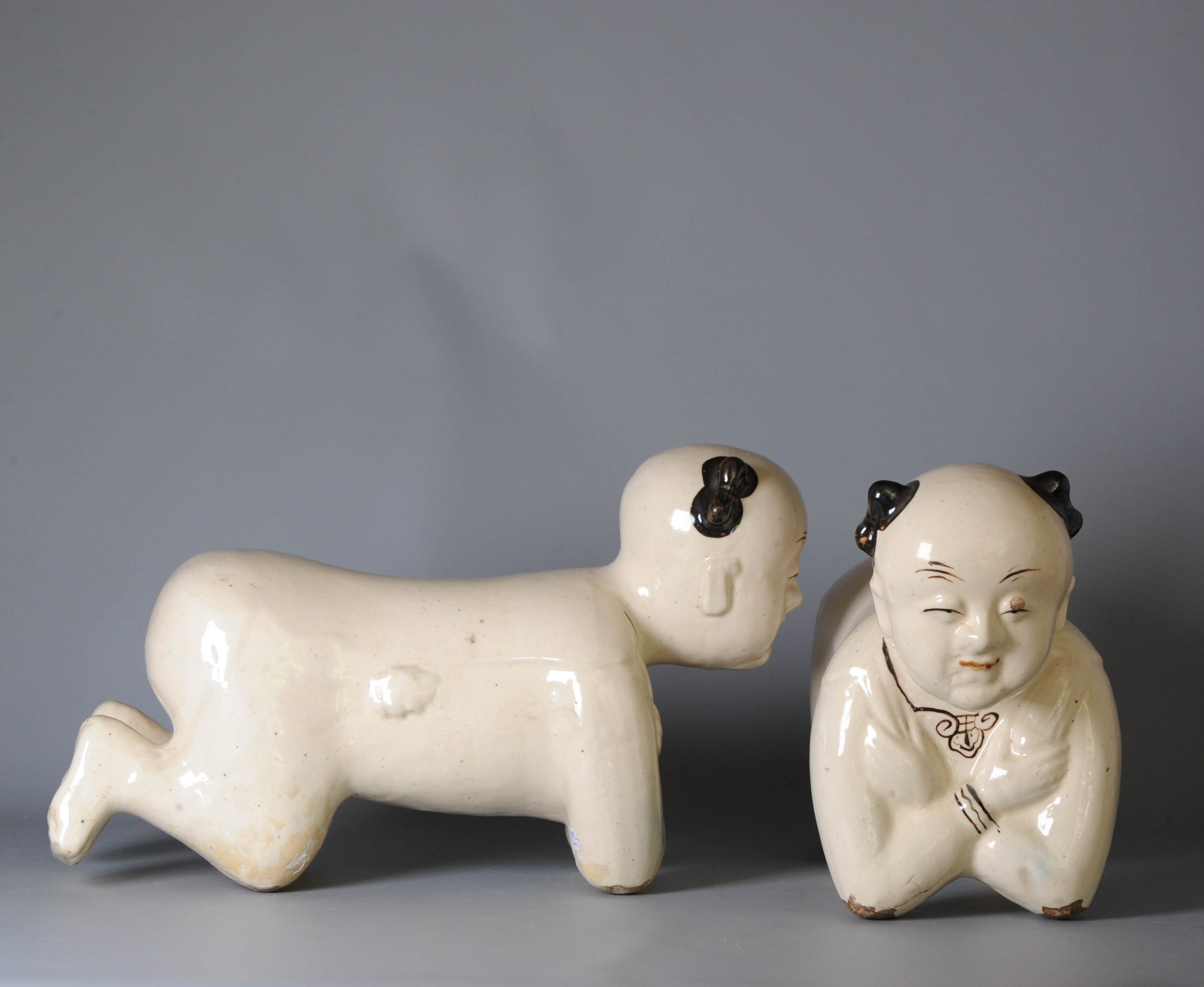 Pair of Ceramic Statues/Pillows China Republic period (1912-1949) Cream White Brown BOYS