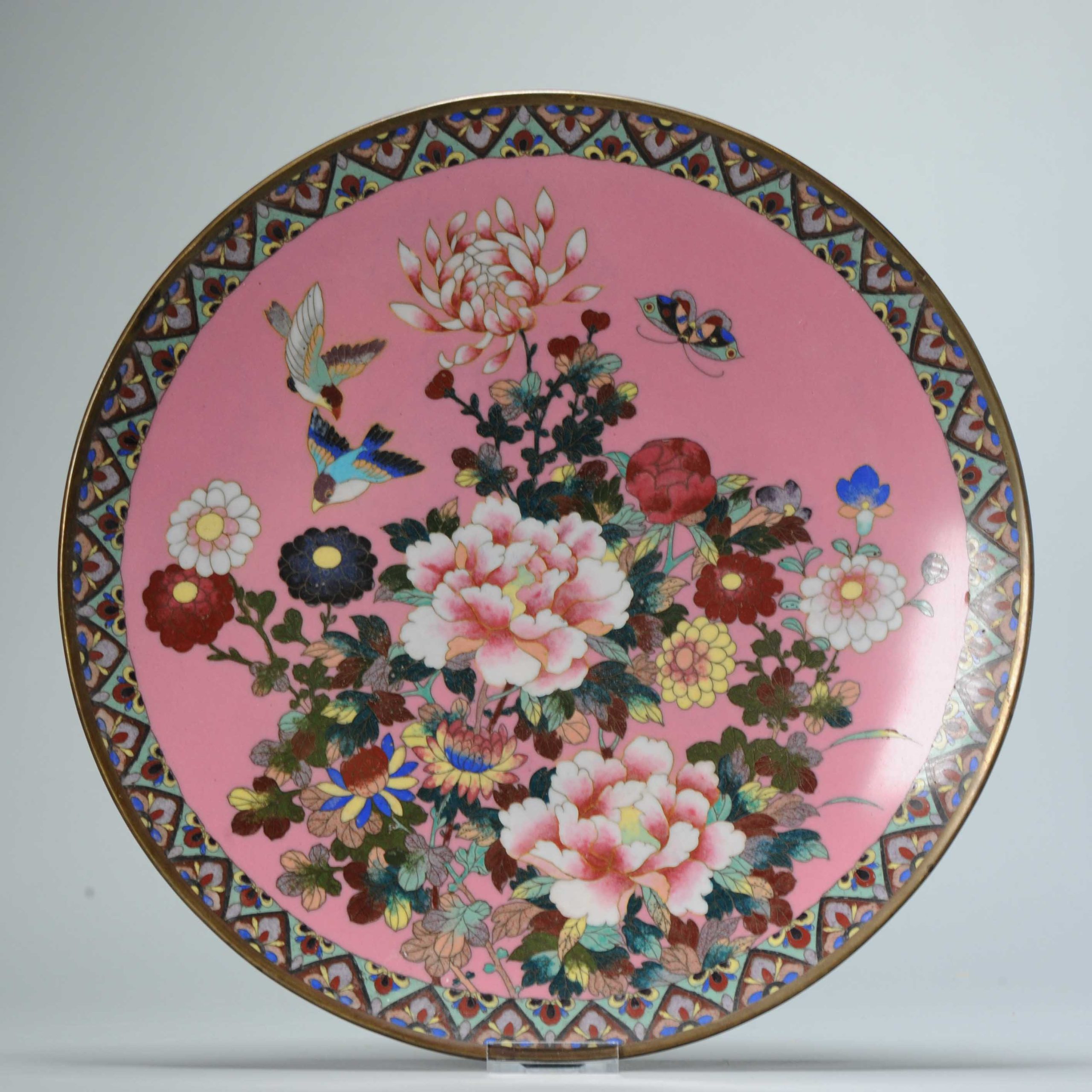 Lovely Pink 19c Antique Meiji Period Japanese Serving dish Bronze Bird Cloisonne