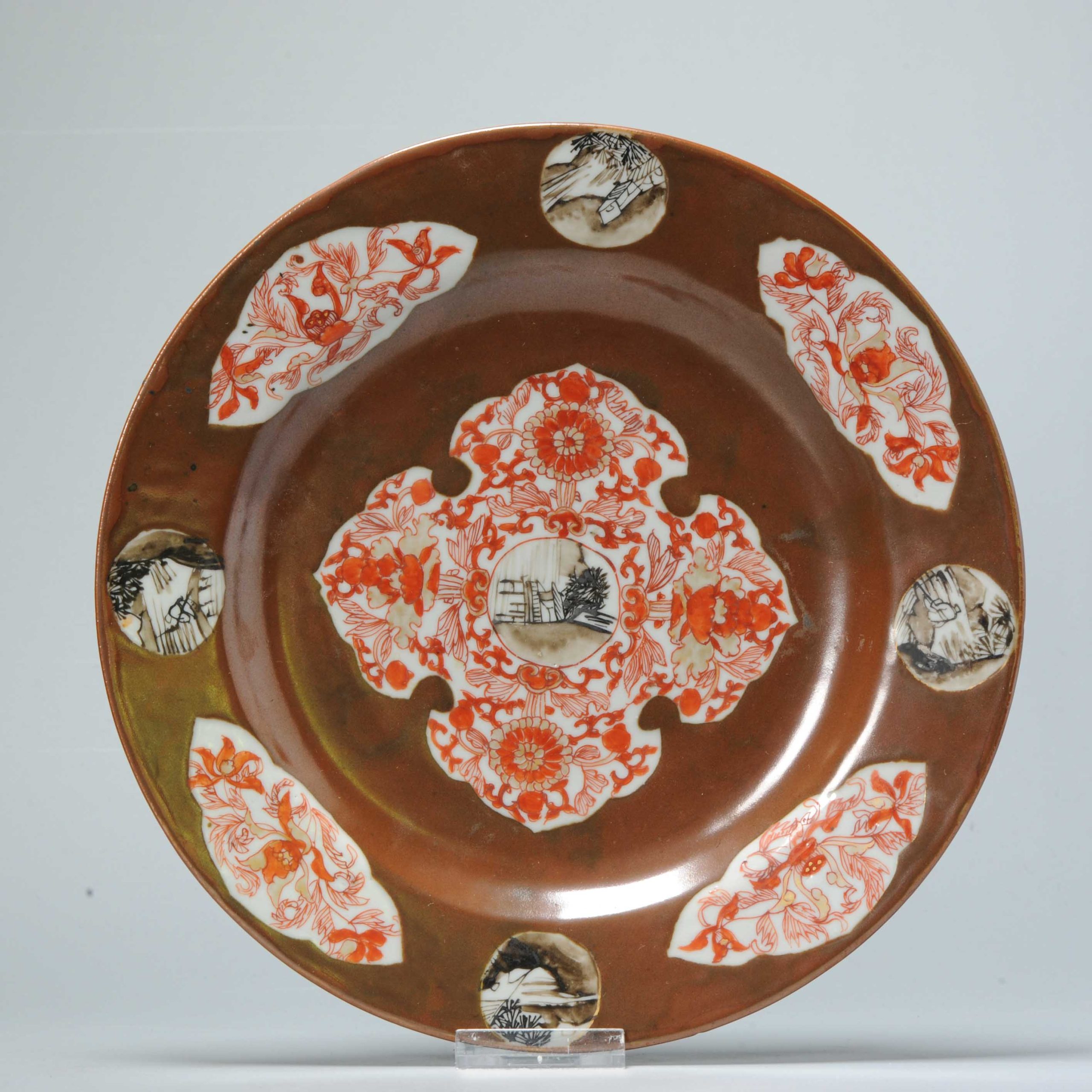 Antique 18C Yongzheng Chinese porcelain Plate Landscape Batavian Brown
