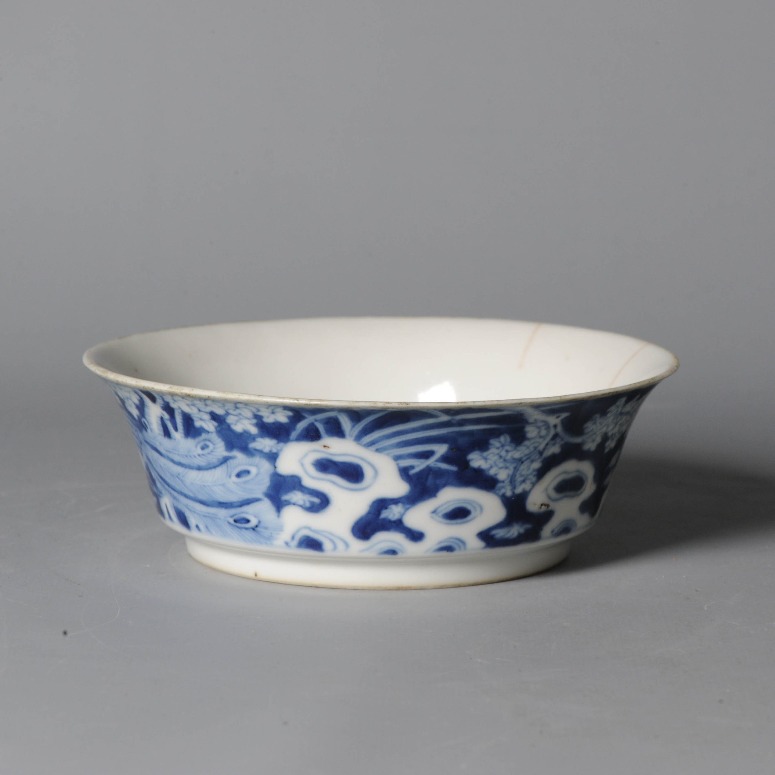 Antique Chinese Porcelain 19C Bleu de Hue bowl Marked Base Phoenix Fenghuang
