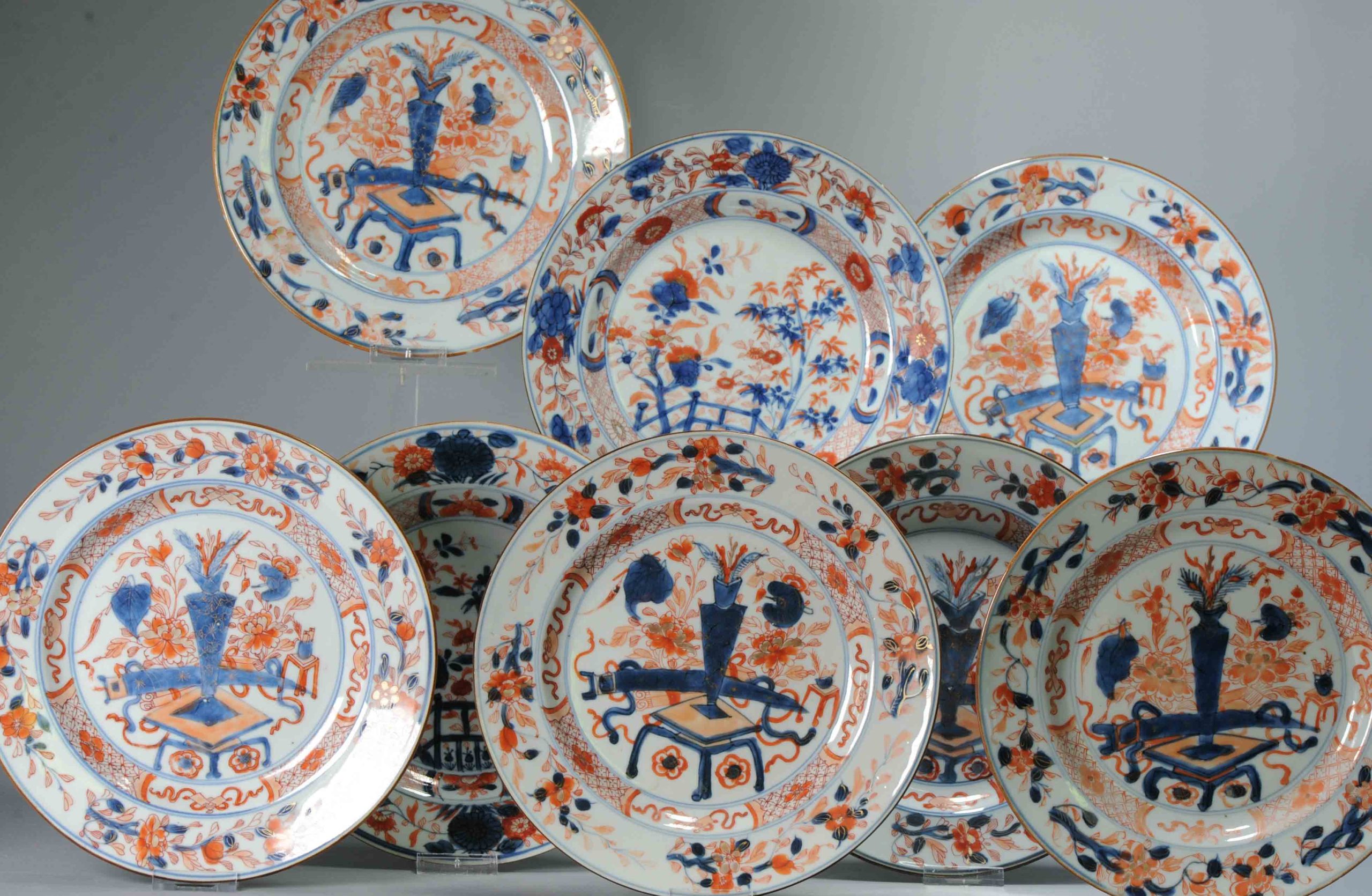 #8 Antique Chinese Porcelain 18th C Qing Period Imari Kangxi Set Dinner Plates