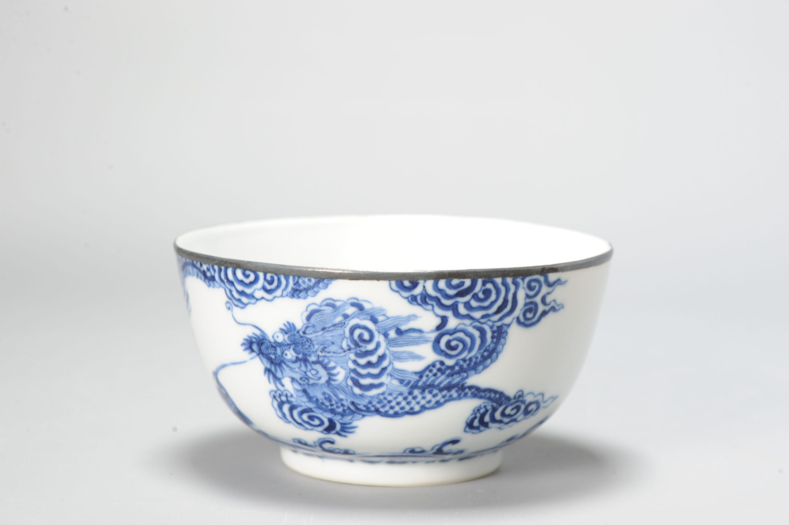 Antique Chinese Porcelain 19C Bleu de Hue bowl Dragon Carp Marked