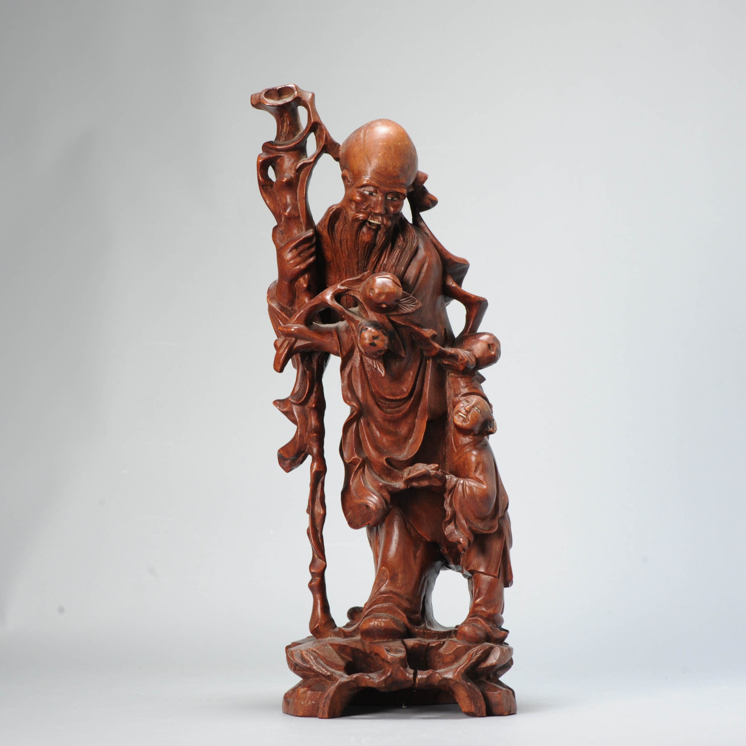 Antique Chinese Hand Carved Wood Scholars Root Statue of Shou Lao