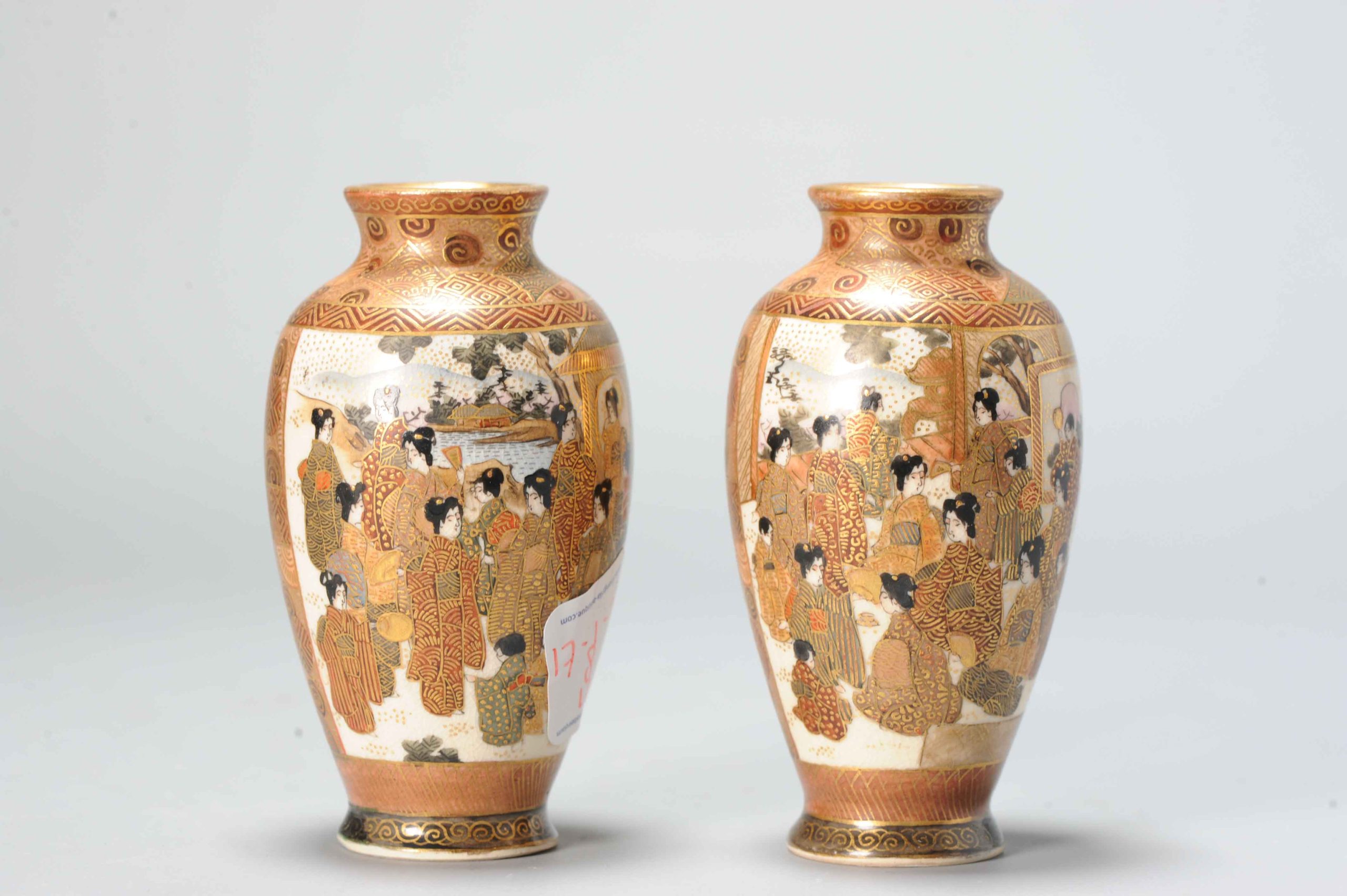 Pair Antique Meiji period Japanese Satsuma Vases Figural decoration Marked