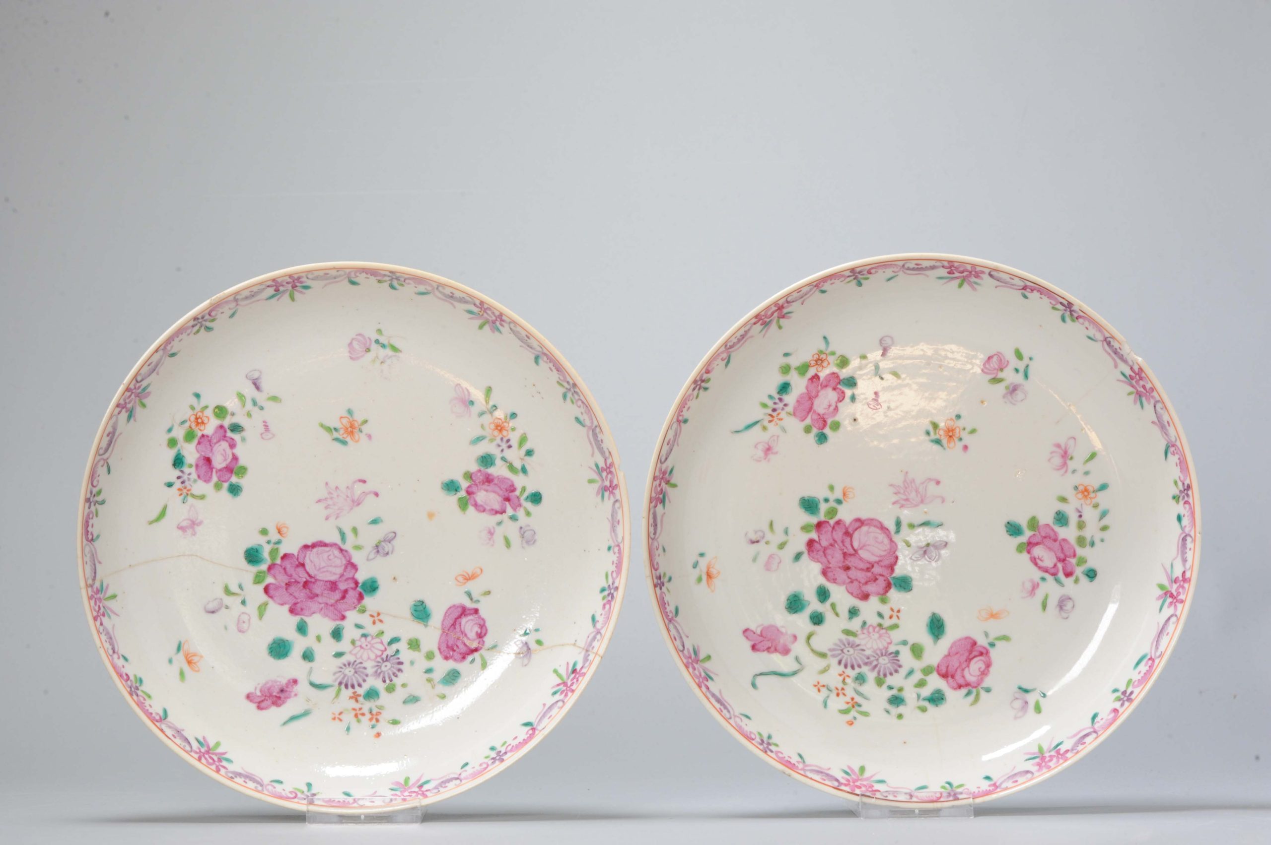 Pair Antique 18th C Chinese Porcelain Soup Plate  Dish Famille Rose Qing period