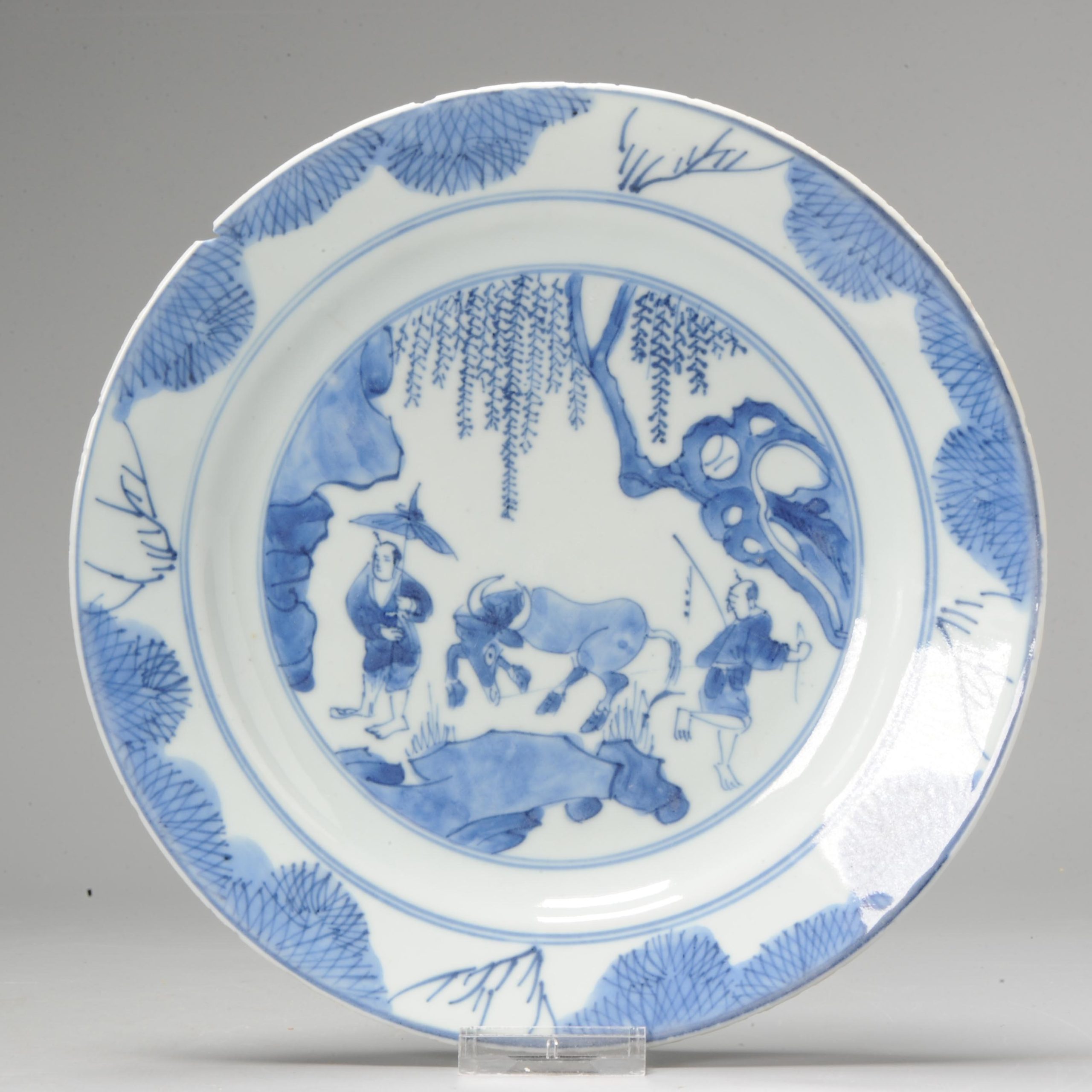 A Rare Kangxi period Chinese porcelain Plate with Ox and Figure landscape. Marked base