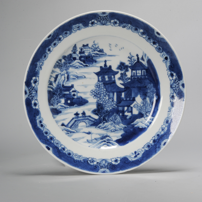 Antique Top Quality 18th century Landscape pagoda Chinese porcelain Dish