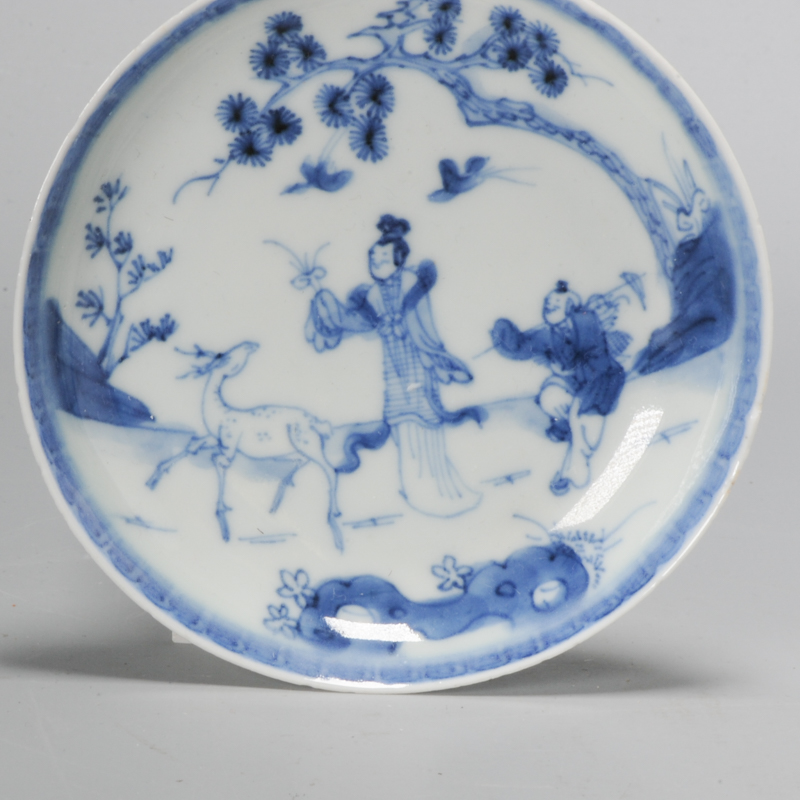 Antique Kangxi period 18th Chinese porcelain Saucer Dish Xi Wangmu Deer Lingzhin