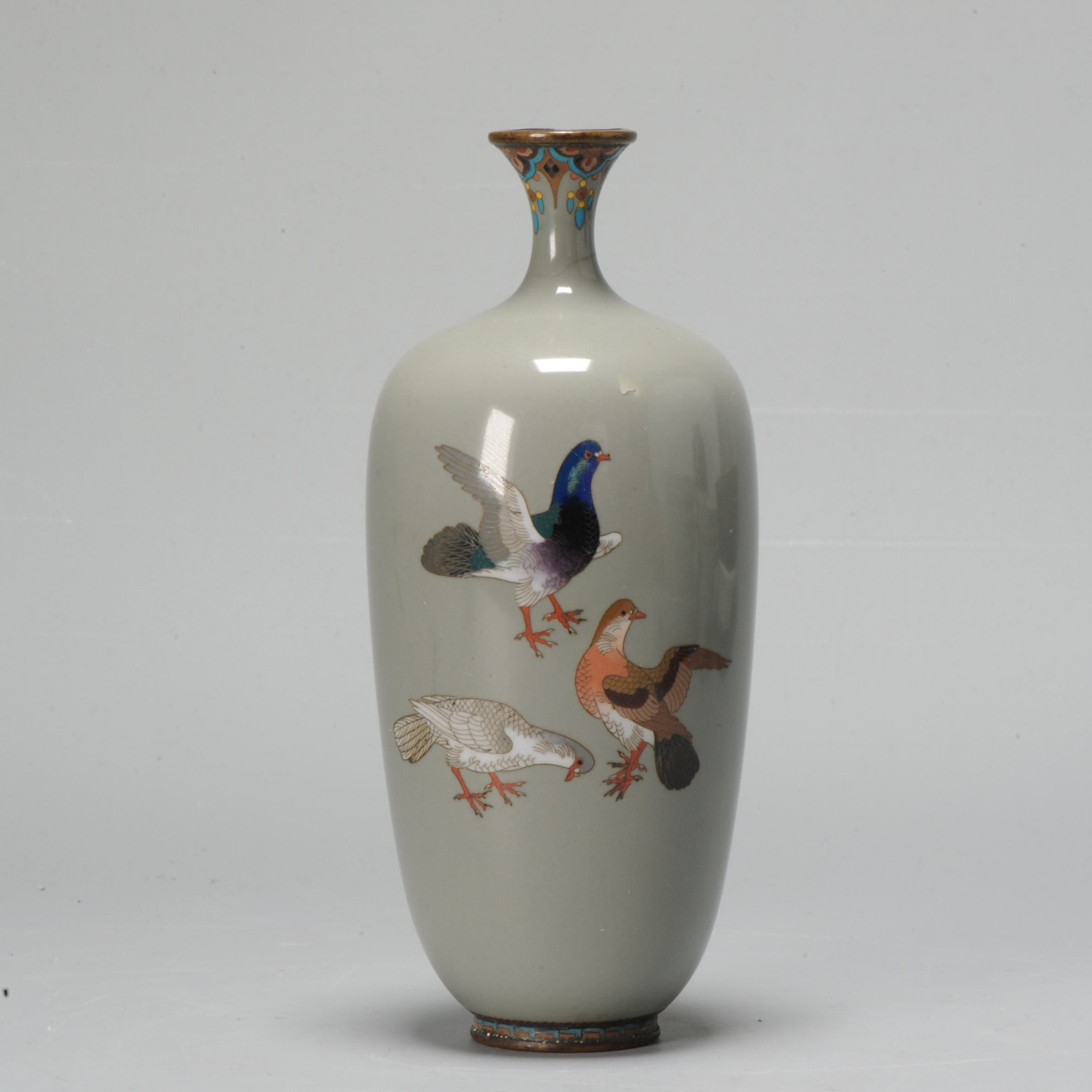 A Small Vase with Birds Dove Pigeon cloisonné enamel Meiji period (1868-1912)